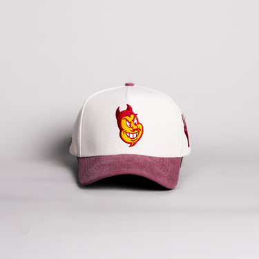 Arizona State Sun Devils Sparky Hat Cream Cotton Maroon Suede Brim Pitchfork Snapback - Front Panel