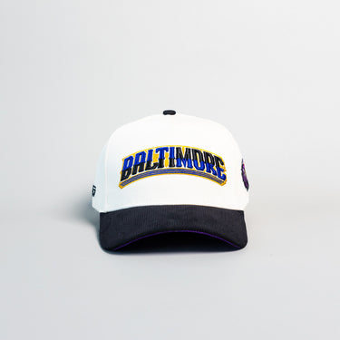 Baltimore Hat Cream and Black Corduroy City Snapback - Front Panel