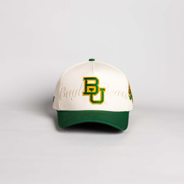 Baylor Bears Hat Cream and Green Suede Script Snapback - Front Panel