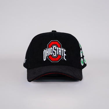 Black Corduroy Ohio State Buckeyes Snapback Hat with Helmet Sticker Leaf Patches - Front Panel