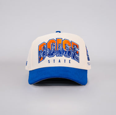 Boise State Broncos Cream and Blue Snapback Hat with Stampede Logo and The Blue Patch - Front Panel