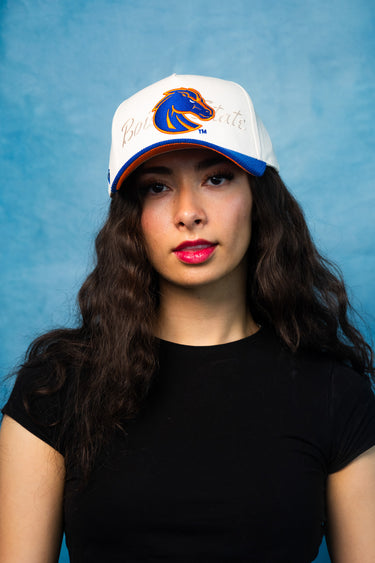 Boise State Broncos Hat Cream & Royal Script Snapback - On Model Lifestyle