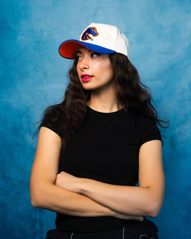 Boise State Broncos Hat Cream & Royal Script Snapback - On Model Side Profile Lifestyle