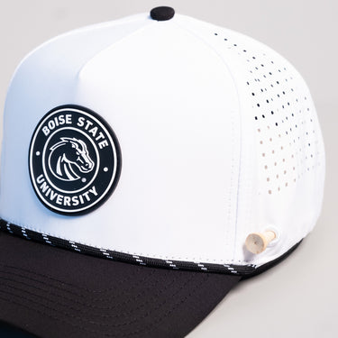 Boise State Broncos Hat White Black Tee Box - Front Detail Angled