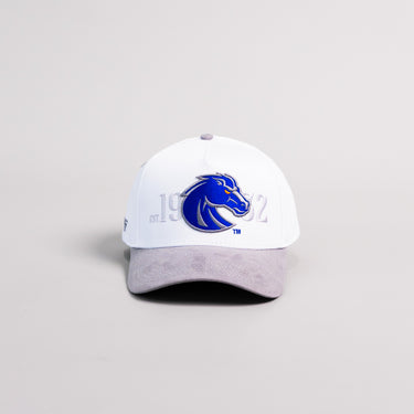 Boise State Broncos White and Grey Suede Snapback Hat with Bronco Logo and 1932 Embroidery - Front Panel