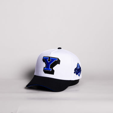BYU Block Y Hat White Cotton Black Brim Stadium Patch Snapback - Angled View
