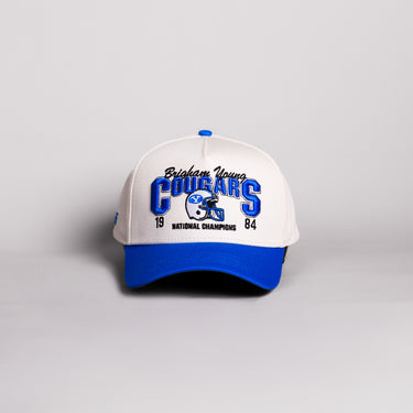 BYU Cougars 1984 National Champions Hat Cream Cotton Royal Blue Brim Snapback - Front Panel