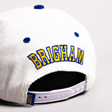 BYU Cougars Block Y Hat White Royal Yellow Corduroy Snapback - Back View Detail