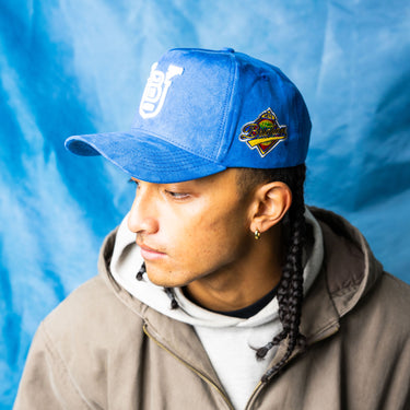 BYU OG Hat Blue Suede White Logo Snapback Brigham Young University - On Model Lifestyle