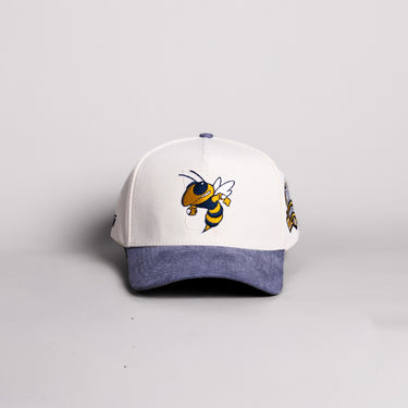 Georgia Tech Yellow Jackets Buzz Hat Cream Cotton Navy Suede Brim Atlanta Patch Snapback - Front Panel