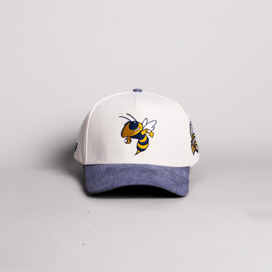 Georgia Tech Yellow Jackets Buzz Hat Cream Cotton Navy Suede Brim Atlanta Patch Snapback - Front Panel