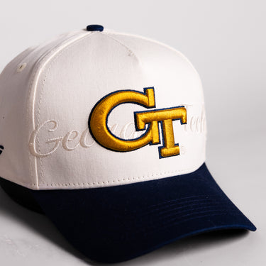 Georgia Tech Yellow Jackets Hat Cream & Navy Script Snapback - Front Detail