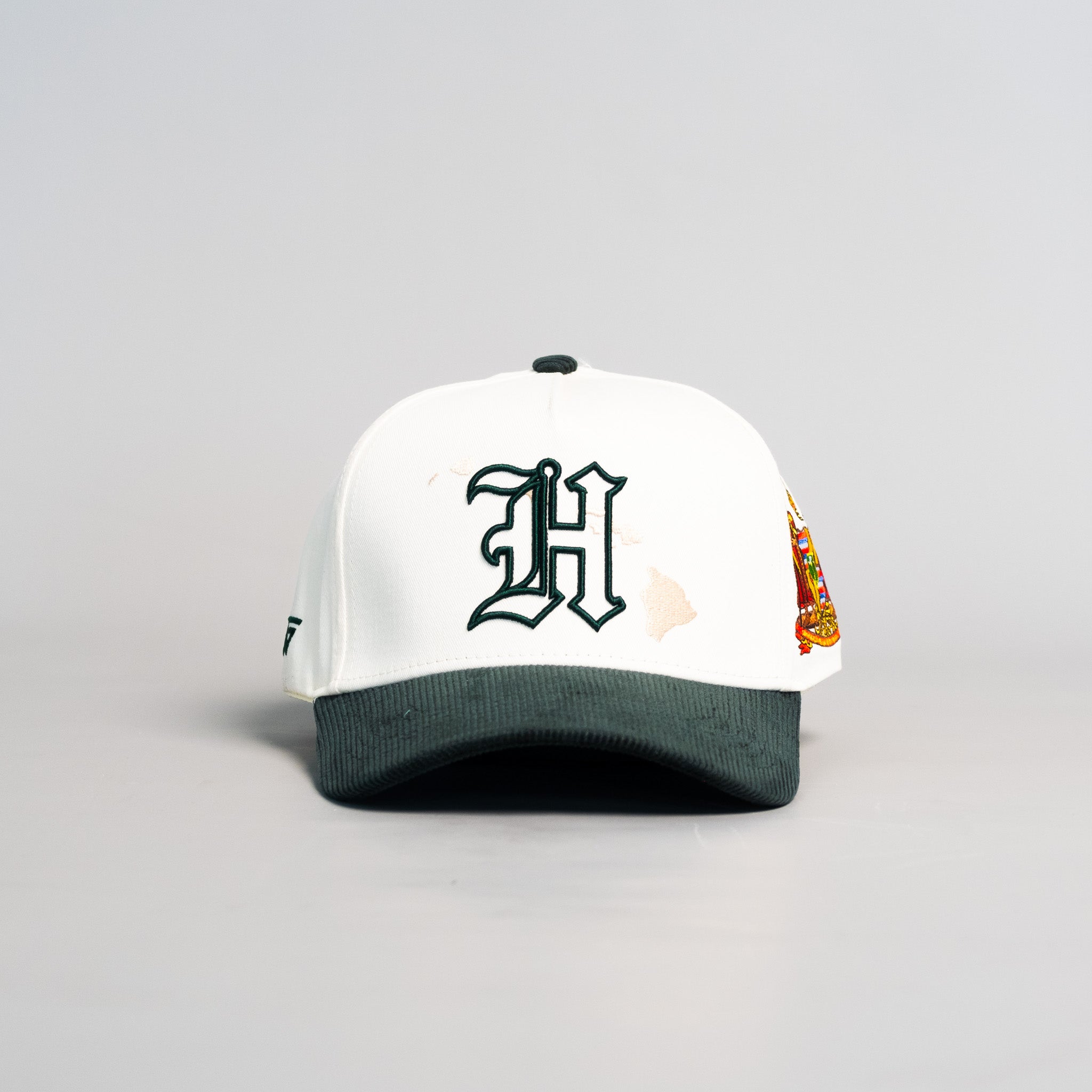 Hawaii Cream and Green Corduroy Snapback Hat with H Logo and State