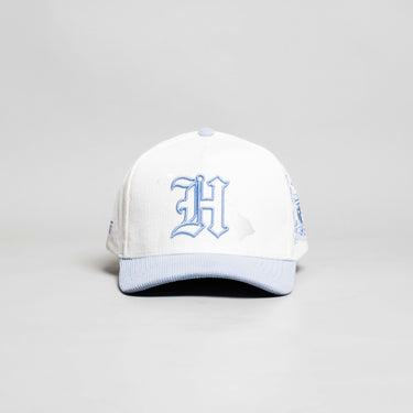 Hawaii Hat White and Powder Blue Corduroy H Snapback - Front Panel