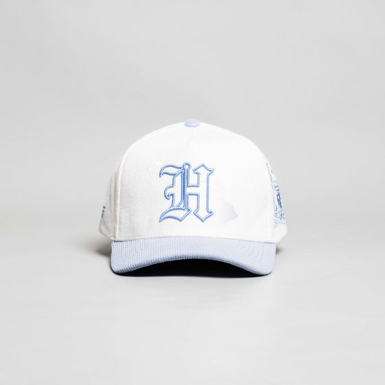 Hawaii Hat White and Powder Blue Corduroy H Snapback - Front Panel