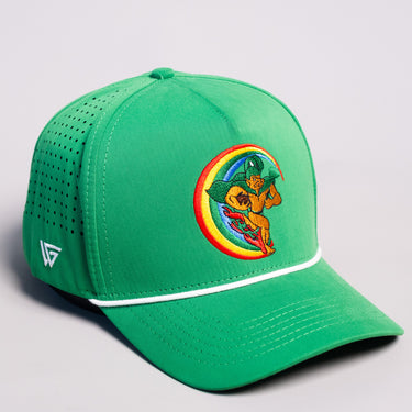 Hawaii Rainbow Warriors Hat Green Tee Box Performance Rope Snapback - Angled View