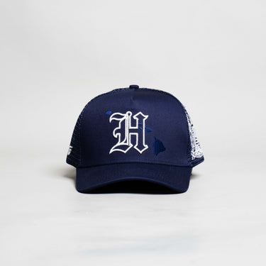 Hawaii Trucker Hat Navy Mesh Snapback with H Logo - Front Panel