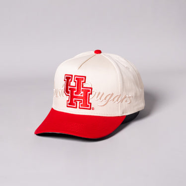 Houston Cougars Hat Cream & Red UH Script Snapback - Angled View