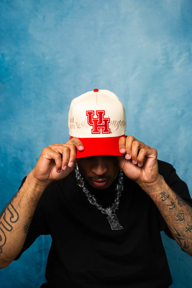 Houston Cougars Hat Cream & Red UH Script Snapback - On Model Lifestyle