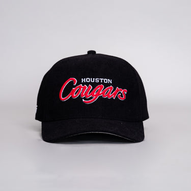 Houston Cougars Script Hat Black Corduroy Red Logo Snapback UH College - Front Panel
