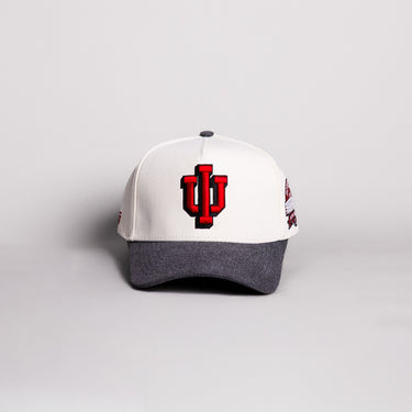 Indiana Hoosiers IU Trident Hat Cream Cotton Charcoal Brim Hoosier Pride Patch Snapback - Front Panel