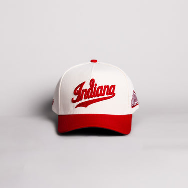 Indiana Hoosiers Script Hat Cream Cotton Crimson Brim Hoosiers Pennant Patch Snapback - Front Panel