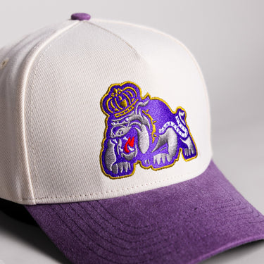 James Madison Dukes Duke Dog Hat Cream Cotton Purple Suede Brim JMU Snapback - Front Detail