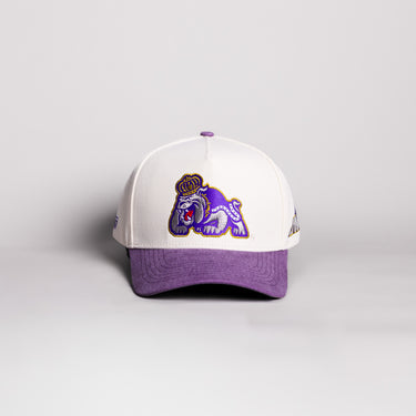 James Madison Dukes Duke Dog Hat Cream Cotton Purple Suede Brim JMU Snapback - Front Panel