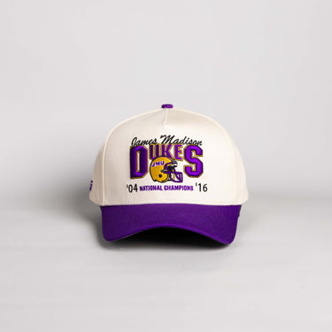 James Madison Dukes Hat Cream and Purple Natty Snapback - Front Panel