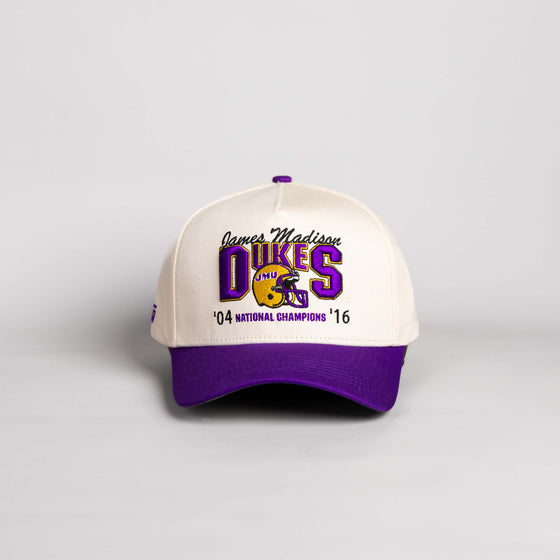 James Madison Dukes Hat Cream and Purple Natty Snapback - Front Panel