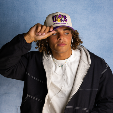 James Madison Dukes Hat Cream & Purple Banners Snapback - On Model Lifestyle