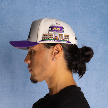 James Madison Dukes Hat Cream & Purple Side Stadium Snapback - On Model Lifestyle