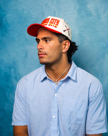 Kansas City Hat Cream and Red Suede Snapback - On Model Lifestyle