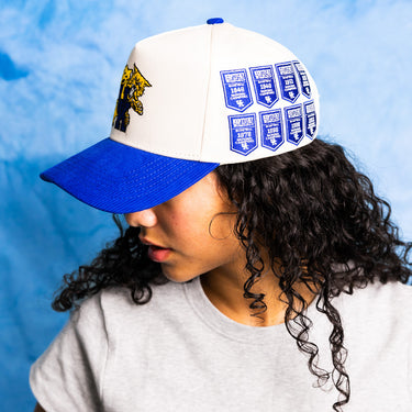 Kentucky Wildcats Hat Cream Royal Blue Corduroy Brim Banners Patch Snapback - On Model Lifestyle