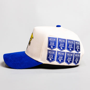 Kentucky Wildcats Hat Cream Royal Blue Corduroy Brim Banners Patch Snapback - Side Patch