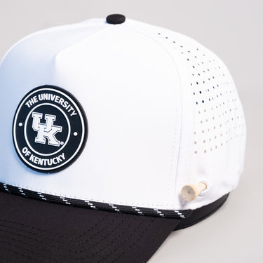 Kentucky Wildcats Hat White & Black Tee Box Performance Rope Snapback - Front Detail Angled