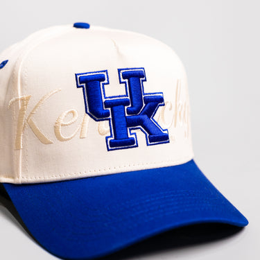 Kentucky Wildcats UK Hat Cream Royal Blue Brim Wildcats Patch Rope Snapback - Front Detail