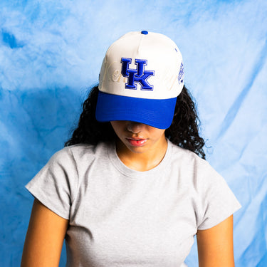 Kentucky Wildcats UK Hat Cream Royal Blue Brim Wildcats Patch Rope Snapback - On Model Lifestyle