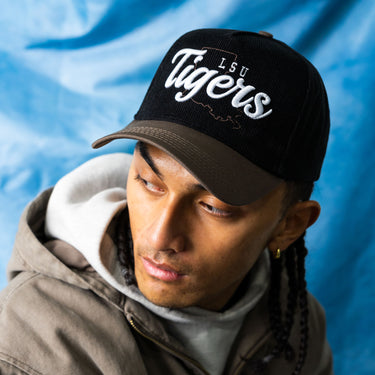 LSU Tigers Hat Black Cotton Tan Suede Brim Script Snapback College LSU - On Model Lifestyle