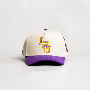 LSU Tigers Hat Cream and Purple Baseball Banners Snapback - Front Panel
