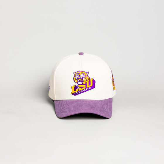 LSU Tigers Hat Cream & Purple Suede Sun Fade Snapback - Front Panel