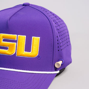 LSU Tigers Hat Purple Tee Box Performance Rope Snapback - Front Detail Angled