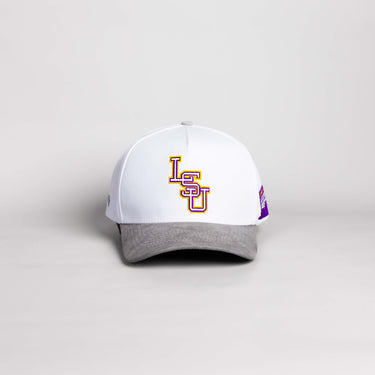 LSU Tigers Hat White & Grey Suede Side Stadium Patch - Front Panel