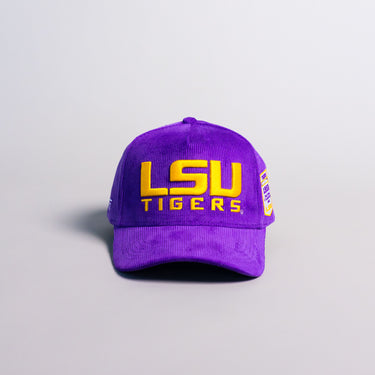 LSU Tigers Purple Corduroy Hat Championship Banners Patch Snapback LSU - Front Panel