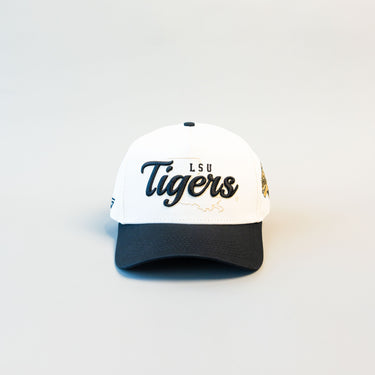 LSU Tigers Script Hat White Black Brim Mascot Patch Snapback College LSU - Front Panel