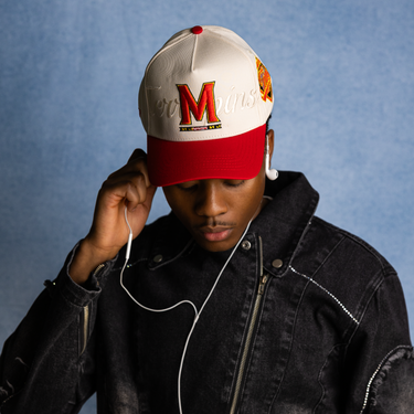 Maryland Terrapins Hat Cream & Red Script Snapback - On Model Lifestyle