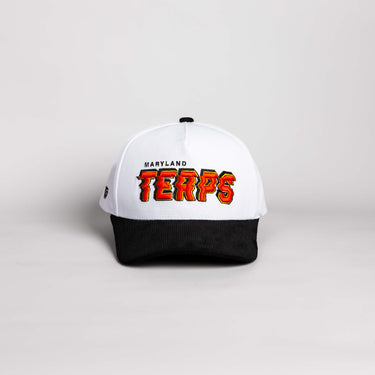 Maryland Terrapins Hat White & Black Corduroy Stadium Pulse Snapback - Front Panel