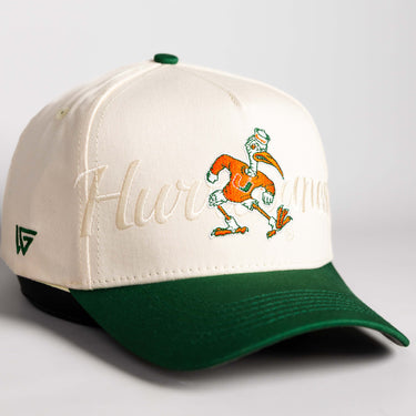 Miami Hurricanes Hat Cream & Green Script - Angled View