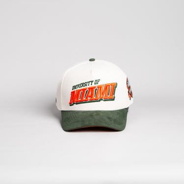 Miami Hurricanes Hat Cream & Green Suede Tilt Snapback - Front Panel