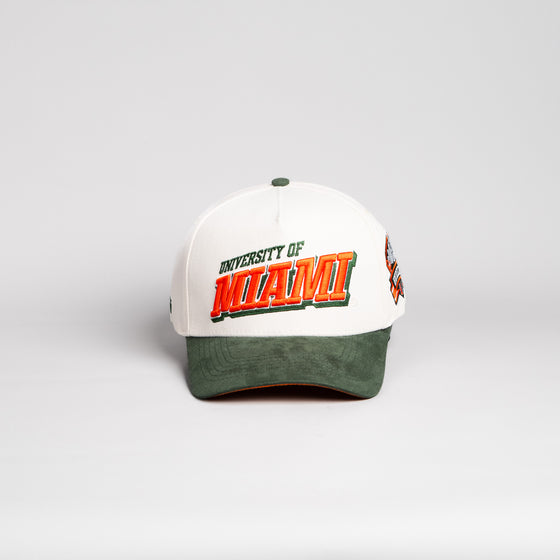 Miami Hurricanes Hat Cream & Green Suede Tilt Snapback - Front Panel